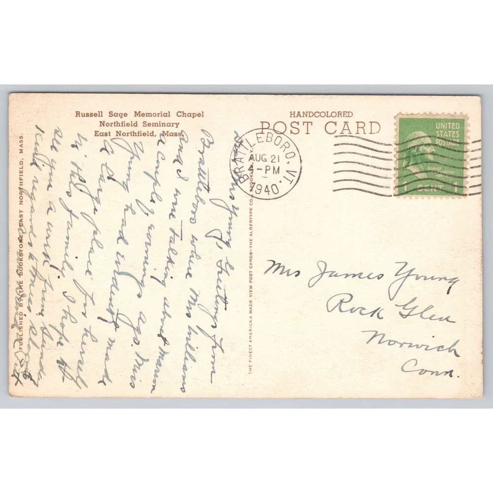 Russell Sage Memorial Chapel East Northfield MA Hand Colored Albertype‎ Postcard